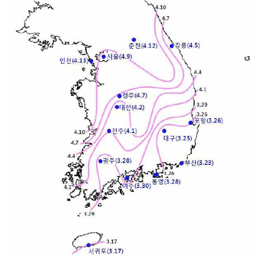 2013년 주요도시 벚꽃 개화 예상시기.