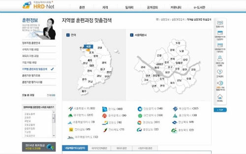 내일배움카드 교육과정을 지역, 직군별로 검색해볼 수 있는 페이지. 직업훈련정보망(http://www.hrd.go.kr)