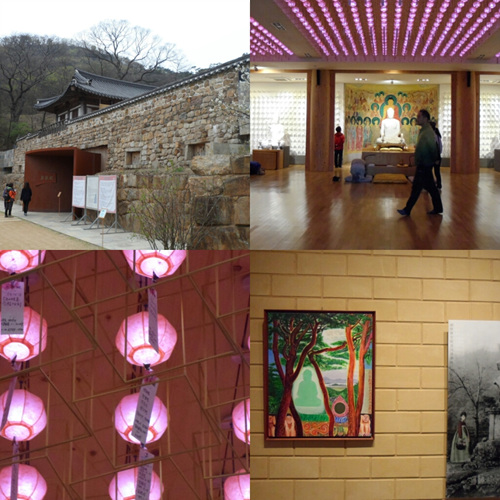 겉으로 크게 드러나지 않는 무설전, 무설전 내부, 무설전 천장 연등, 현대미술작가의 작품  (시계방향)