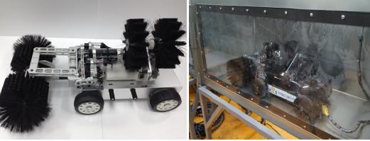 왼쪽 사진은 환기통로 청소로봇 최종품이며 오른쪽은 실물모형에서 청소하는 모습.