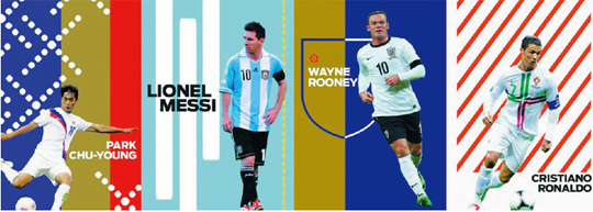 美 일간지 샌프란시스코 크로니클 선정 ‘월드컵에서 주목할 10인’에 이름을 올린 박주영(맨 왼쪽)이 리오넬 메시(아르헨티나), 웨인 루니(잉글랜드), 크리스티아누 호날두(포르투칼)와 어깨를 나란히 하고 있다.