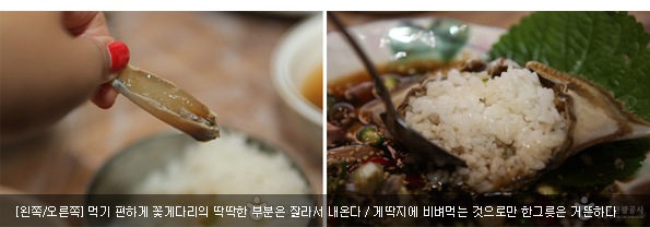 [왼쪽/오른쪽]먹기 편하게 꽃게다리의 딱딱한 부분은 잘라서 내온다 / 게딱지에 비벼먹는 것으로만 한그릇은 거뜬하다