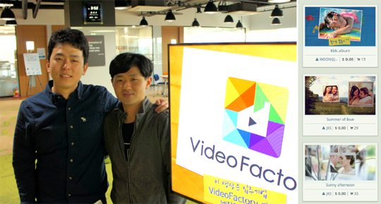 웹기반 자동 동영상 제작 솔루션인 ‘비디오 팩토리’를 만든 엠제이브이의 황민영 대표(왼쪽)와 공동 창업자 김진회 씨. 오른쪽은 비디오 팩토리의 동영상 제작용 템플릿.