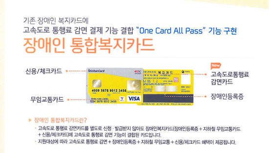 보건복지부는 장애인 운전자가 고속도로 통행료 할인을 받고자 할 때 여러 장의 할인카드를 제시하고 있는 것이 통과시간 지연과, 안전운전 저해 요인이 되고 있다는 지적을 받아들여 지난 12월 24일 부터 