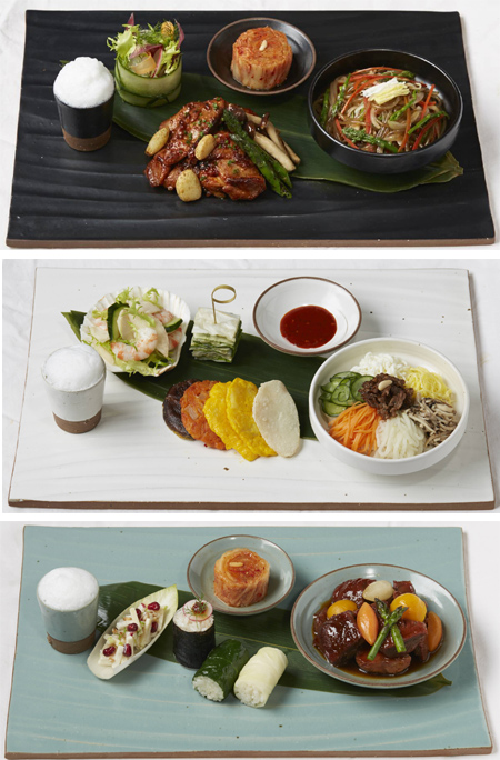 ‘조화(Harmony)’, ‘치유(Healing)’, ‘장수(Health)’의 3가지 주제와 6개의 테마 메뉴로 이뤄진 한식 메뉴. ‘조화 밥상’은 오방색과 비빔밥을, ‘치유 밥상’과 ‘장수 밥상’은 각각 발효와 장, 저장과 김치를 테마로 구성했다. (사진=문화체육관광부) 