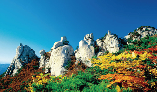 북한산 우뚝 솟은 바위와 형형색색의 잎이 어우러져 멋진 장관을 이루고 있다.