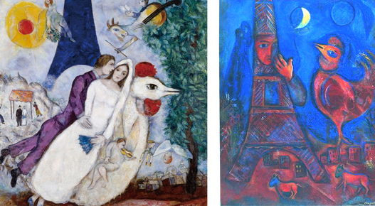샤갈 <에펠탑의 신랑신부>캔버스에 유채, 150×136.5㎝,1938 / <굿모닝 파리>판지에 유화와 파스텔,62×46cm, 1939