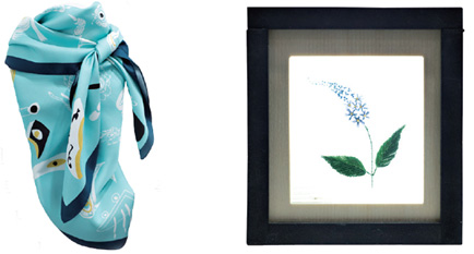 (왼)이자연 디자이너의 그림을 접목한 스카프. 전통자수로 장식된 조명기기.