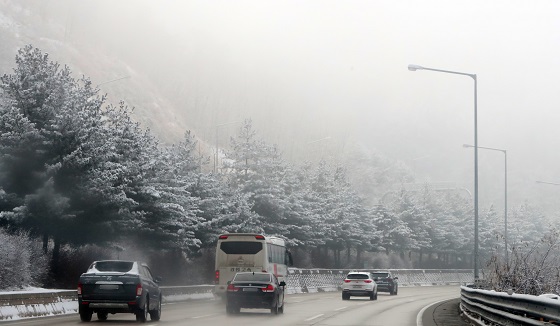 강원 춘천톨게이트 인근 나무들 위로 눈이 쌓여 있다.(사진=저작권자 (c) 연합뉴스. 무단전재-재배포금지) 