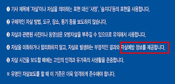 자살보도 권고기준 3.0 5가지 원칙. (출처=보건복지부 보도자료)