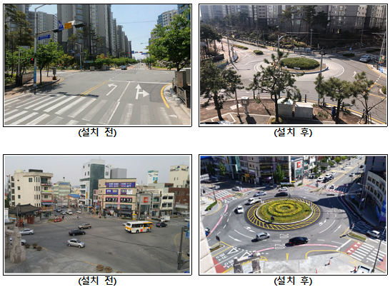 부산 강서구 명지오션시티 앞 교차로(위)와 충남 아산시 온양관광호텔 앞 교차로(아래) 전후 모습.