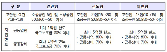 유형별 신청자격 및 지원한도.