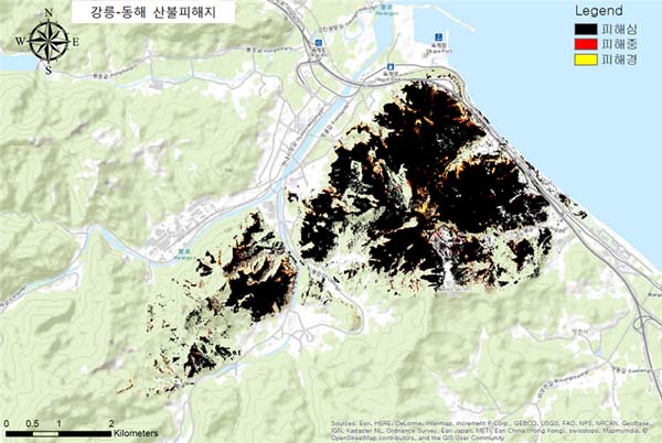 강릉-동해 산불 당시 피해지 위성 자료(출처=산림청 국립산림과학원)