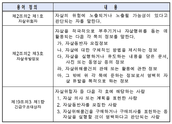 특별단속 관련 자살예방법 개정안 주요 내용.