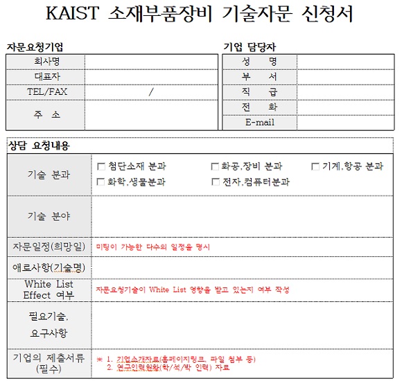 KAIST는 13일 소재·부품·장비 자문단 홈페이지(http://kamp.kaist.ac.kr)를 열었다. 기술자문을 원하는 기업은 홈페이지에서 기술자문 신청서를 내려받아 작성 후 사무국 이메일(smbrnd@kaist.ac.kr)로 제출하면 된다. 