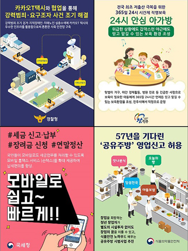 대상을 차지한 (왼쪽 시계방향으로) 경찰청의 ‘카카오 협업을 통한 범죄 사건 조기해결’과 진주시, 식품의약품안전처·한국도로공사, 국세청의 혁신사례.