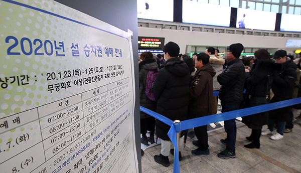 설 열차 승차권 예매가 시작된 7일 오전 서울역에서 시민들이 예매를 기다리며 줄을 서 있다. (사진=저작권자(c) 연합뉴스, 무단 전재-재배포 금지)