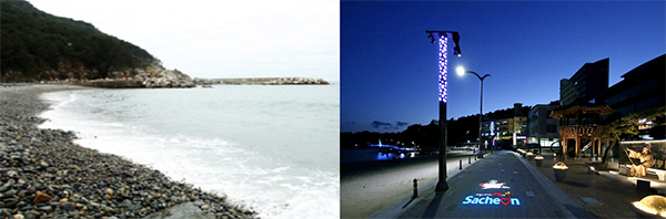 ‘여차해변 해수욕장’의 까만 몽돌(왼쪽)과 ‘남일대 해수욕장’의 야간 조명 장식.