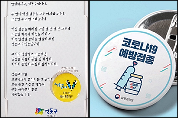 어르신이 받아온 배지(왼쪽), 6월 말 경. 질병관리청에서 배부할 배지시안 (오른쪽, 출처=질병관리청)