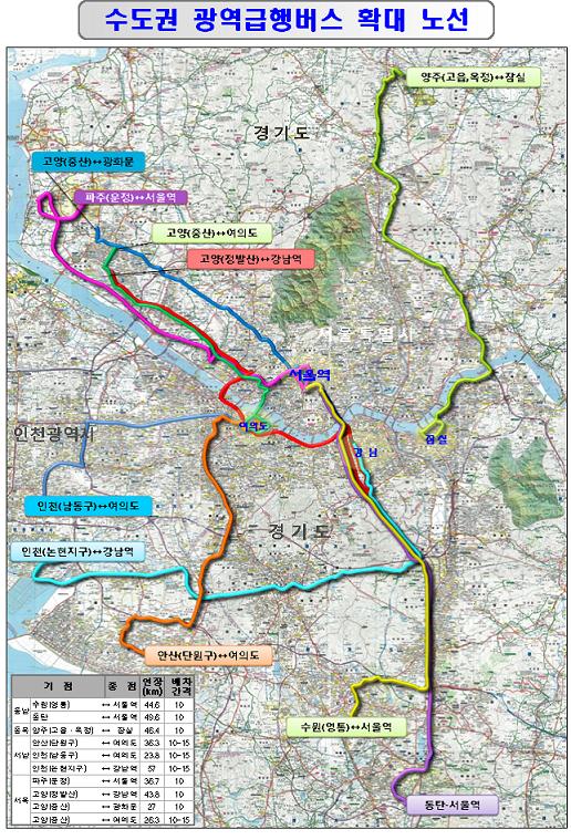 현재 5개인 광역급행버스 노선은 오는 10월 10개로 확대된다.(이미지=국토해양부)