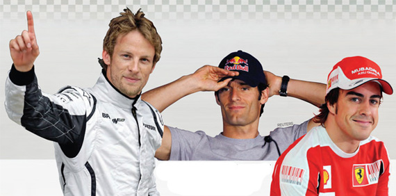 올해 F1 대회의 챔피언 후보들. 지난해 챔피언인 젠슨 버튼(왼쪽)은 현재 5위에 올라 있다. 1위를 달리고 있는 마크 웨버(가운데), 2위인 페르난도 알론소(오른쪽).