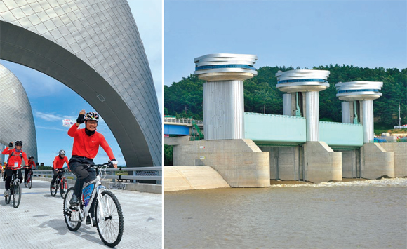 영산강 승촌보 위 공도교 위로 자전거 행렬이 지나고 있다. 오는 11월 5일 개방행사를 갖는 낙동강 상주보.