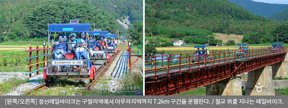 [왼쪽/오른쪽]정선레일바이크는 구절리역에서 아우라지역까지 7.2km 구간을 운행한다. / 철교 위를 지나는 레일바이크