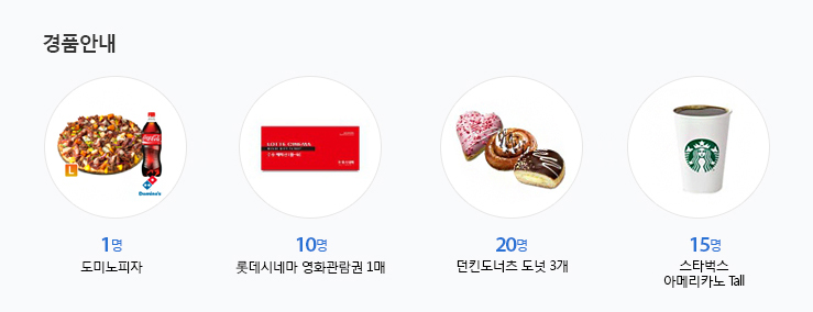 경품안내 - 도미노피자 1명, 롯데시네마 영화관람권 1매 10명, 던킨도너츠 도넛 3개 20명, 스타벅스 아메리카노 Tall 15명