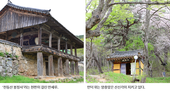 ‘천등산 봉정사’라는 현판이 걸린 만세루, 언덕 위는 앙증맞은 산신각이 지키고 있다