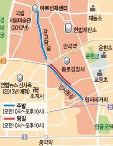 인사동은 평일에 북인사마당~수도약국 앞, 주말에 북인사마당~인사네거리를 차 없는 거리로 운영 중이다. 시간은 오전10시~오후10시로 동일하다.