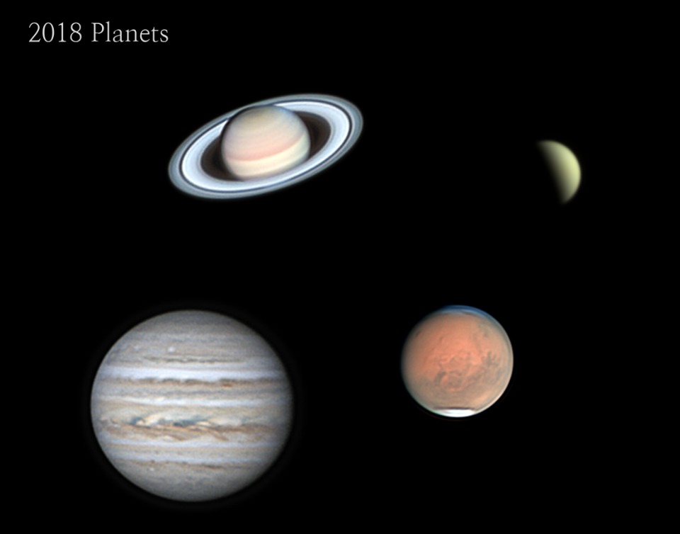 [2019 제27회 천체사진공모전] <BR/><BR/>
<span style="font-weight: bold;">(사진 부문-태양계 분야) 은상 - 2018 Planets / 박동현</span>
<BR/>
2018년에 촬영한 행성들로, 화성이 지구에 가까울 때 찍어 크기가 예년에 비해 크게 보인다. 화성의 올림푸스 산이 거뭇하게 촬영됐다. 토성의 카시니 간극과 엔케 간극, 목성의 줄무늬, 금성의 위상을 살펴볼 수 있다.
<BR/><BR/>
* 한국천문연구원의 천체사진공모전은 아름답고 신비한 천체사진 및 그림, 동영상 등의 콘텐츠를 통해 천문학에 대한 공감대를 확산시키고자 매년 실시되고 있으며, 공모 주제는 심우주(Deep sky)·태양계·지구와 우주 분야로 나뉜다.
<br/><p style="text-align: right;">(사진=한국천문연구원)</p>