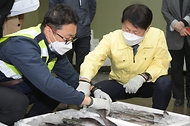 김강립 식약처장이 19일 오후 부산 감천항 수입식품검사소를 찾아 일본산 수입 수산물 방사능 검사 과정을 살피고 있다.