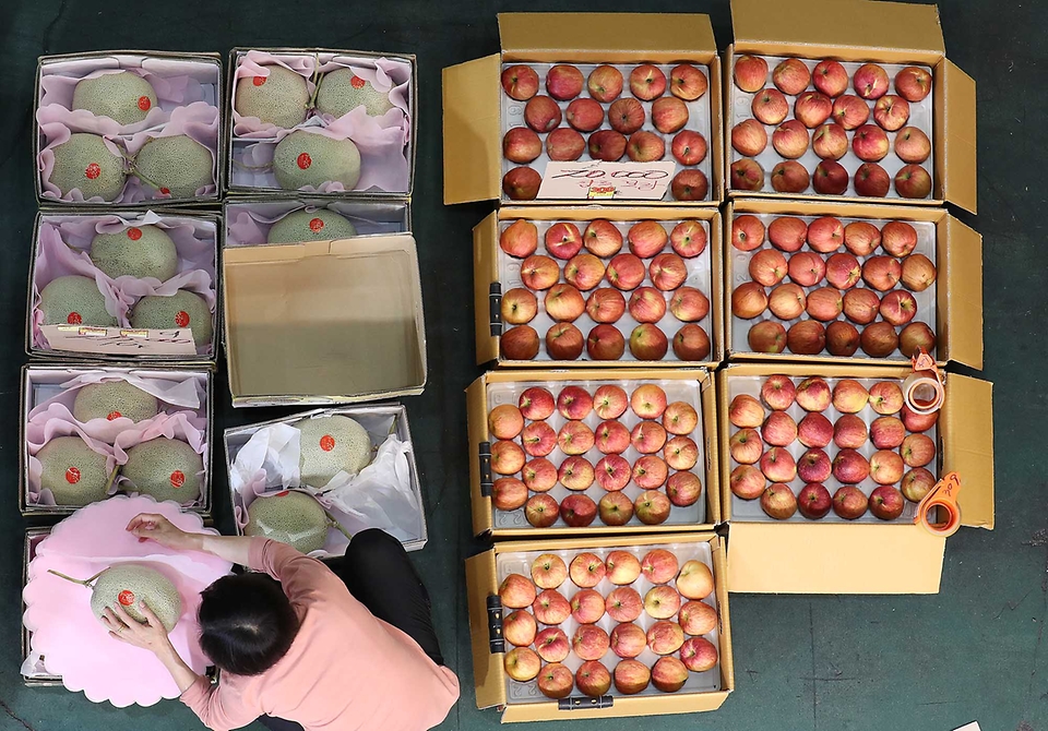 <p>추석 연휴를 이틀 앞둔 17일 오전 대전 유성구 노은농수산물도매시장 내 청과물시장에서 상인들이 과일을 포장하고 있다.</p>