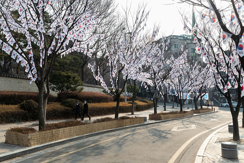 <p>삼일절을 며칠 앞둔 25일 서울 용산구 효창공원 앞길에 태극기 거리가 조성되어 있다. 태극기 거리는 다음달 6일까지 유지된다.</p>