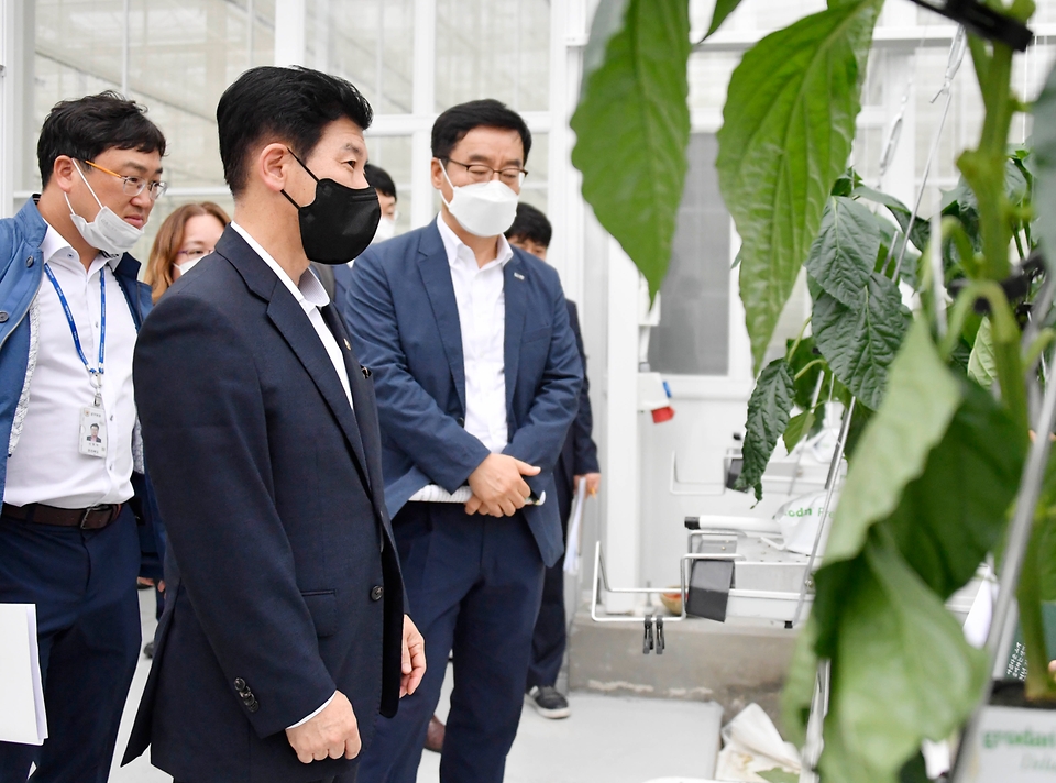 최상대 기획재정부 차관이 12일 전북 김제 스마트팜 혁신밸리를 방문해 시설을 둘러보고 있다.