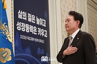 윤석열 대통령이 3일 청와대 영빈관에서 열린 2023 국토교통부·환경부 업무보고에서 국기에 대한 경례를 하고 있다.