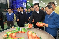 정황근 농림축산식품부 장관이 15일 경남 함양군 양파 기계 수확 현장을 방문해 양파 줄기절단작업, 굴취작업, 수집작업 등 기계 수확과정을 점검하고 수확된 양파를 살펴보고 있다. 