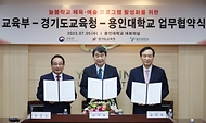 이주호 부총리 겸 교육부장관이 5일 경기 용인시 용인대학교에서 열린 ‘늘봄학교 체육·예술 프로그램 활성화를 위한 교육부·경기도교육청·용인대학교 업무협약식’에서 업무협약서에 서명한 뒤 임태희 경기도교육감, 한진수 용인대학교 총장과 기념촬영을 하고 있다.