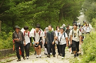 남성현 산림청장이 18일 국토녹화 50주년을 맞이하여 강원 평창군 대관령국가숲길에서 열린 ‘청소년 국가숲길 산림생태탐방’에서 참가 학생들과 숲길을 걷고 있다.