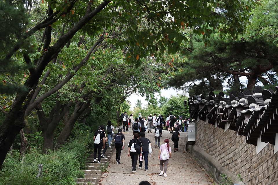 <p> 5일 서울 종로구 청와대 권역 북악산 등반코스에 참석한 참가자들이 등반을 하고 있다.&nbsp;</p>