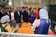 정황근 농림축산식품부 장관이 12일 충북 보은군 소재 과수 거점 산지유통센터를 방문, 추석 성수품 수급 상황을 점검하며 현장 관계자들을 격려하고 있다.