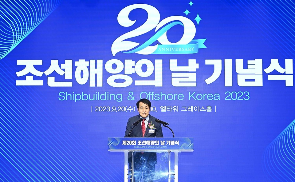 장영진 산업통상자원부 1차관이 20일 서울 서초구 엘타워 그래이스홀에서 열린 ‘제20회 조선해양의 날 기념식’에서 축사를 하고 있다.