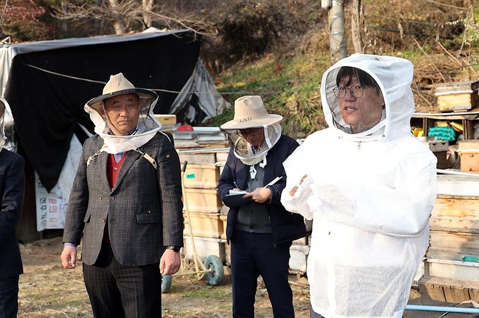 조재호 농촌진흥청장이 23일 꿀 수집 능력이 우수한 ‘장원벌’ 1만여 군과 화분 매개용 벌 270군을 사육해 보관하고 있는 전북 장수군 소재 양봉농가를 방문해 월동 대비 꿀벌 관리 상황을 점검하며 관계자와 대화하고 있다.