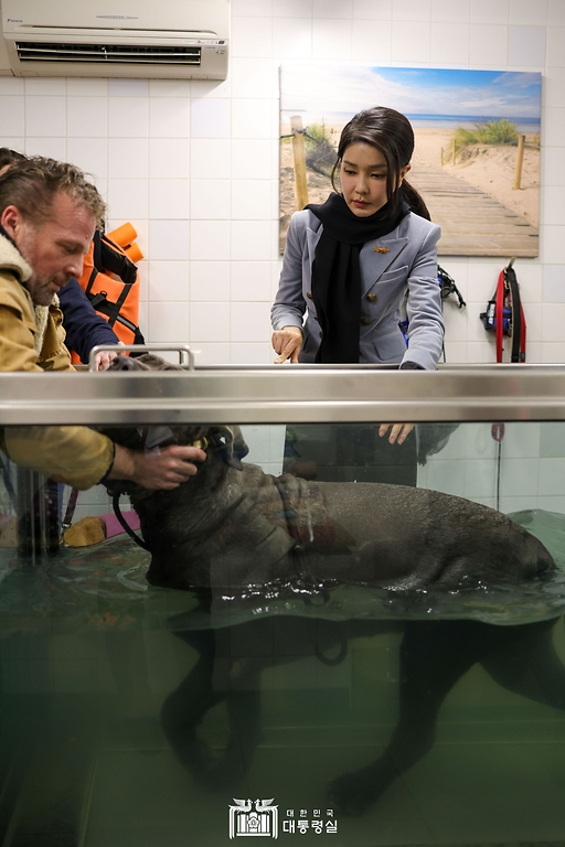 김건희 여사가 12일(현지시간) 네덜란드 암스테르담 동물보호재단을 방문해 다리 부상으로 6개월간의 재활치료 중인 개를 살펴보고 있다.