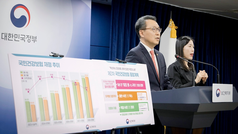 박민수 보건복지부 2차관이 4일 종로구 정부서울청사에서 열린 ‘제2차 국민건강보험 종합계획’에서 브리핑 하고 있다.
