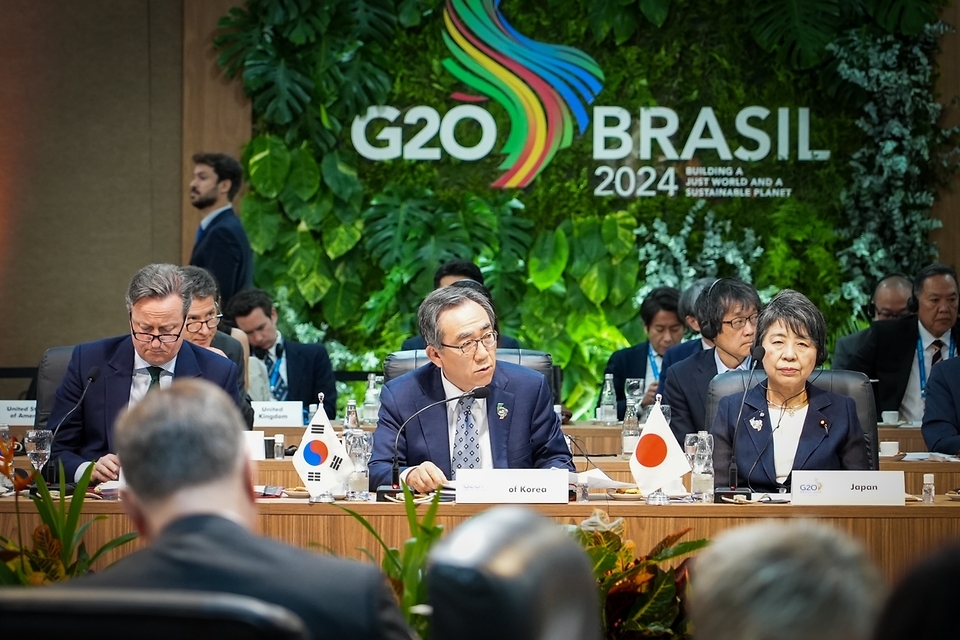 조태열 외교부 장관이 21일(현지시간) 브라질 리우데자네이루에서 열린 ‘주요 20개국 협의체(G20) 외교장관회의’에서 발언하고 있다. 