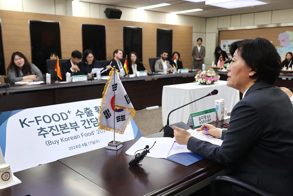 송미령 농림축산식품부 장관이 17일 서울 서초구 aT센터에서 열린 ‘K-FOOD+ 수출확대 추진본부 간담회’에서 모두발언을 하고 있다.