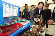 강도형 해양수산부 장관이 4일 충남 서천특화시장 임시상설시장에서 해산물을 살펴보고 있다.