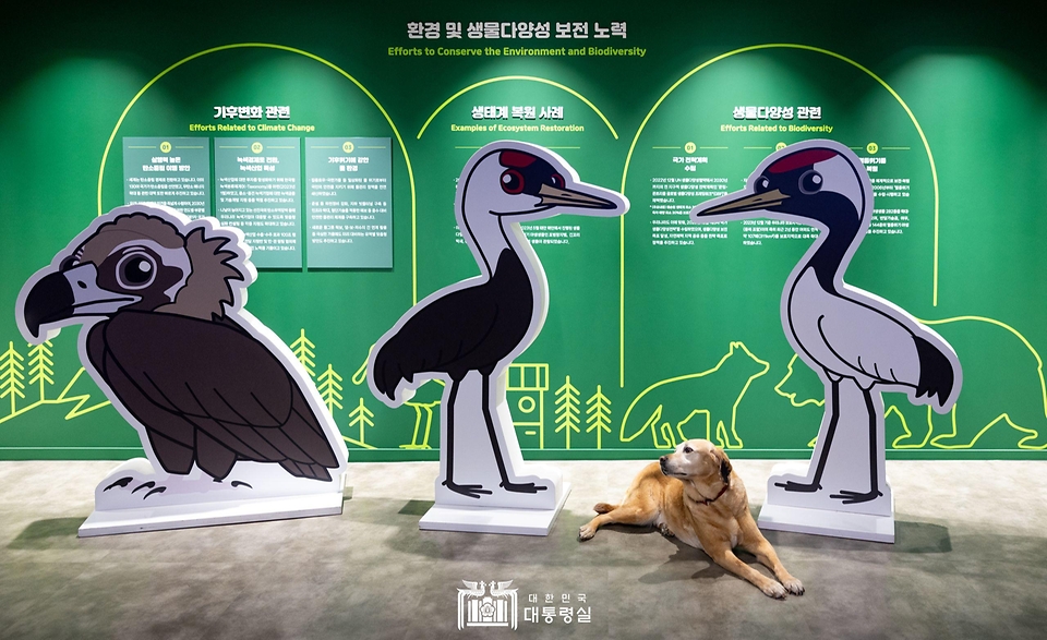 5일 서울 용산어린이정원에서 열린 ‘어린이 환경·생태 교육관’ 개관 행사에서 김건희 여사의 반려견 새롬이도 참석하고 있다.