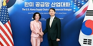 안덕근 산업통상자원부 장관이 27일(현지시간) 미국 워싱턴 D.C. 더 헤이 아담스호텔에서 열린 ‘한미 공급망 산업대화’에서 지나 러몬도(Gina Raimondo) 미국 상무부 장관과 악수하며 기념 촬영을 하고 있다.